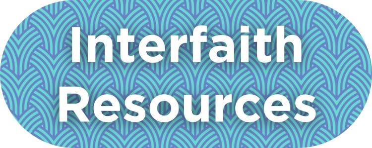 "Interfaith Resources" in white on a teal and blue weave pattern background
